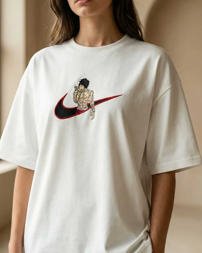 Baki Hanma Anime Custom Embroidered Cotton Oversized  White Tshirt Women.webp