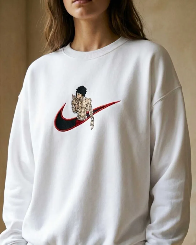 Baki Hanma Anime Custom Embroidered Cotton Oversized  white Sweatshirt Women.webp