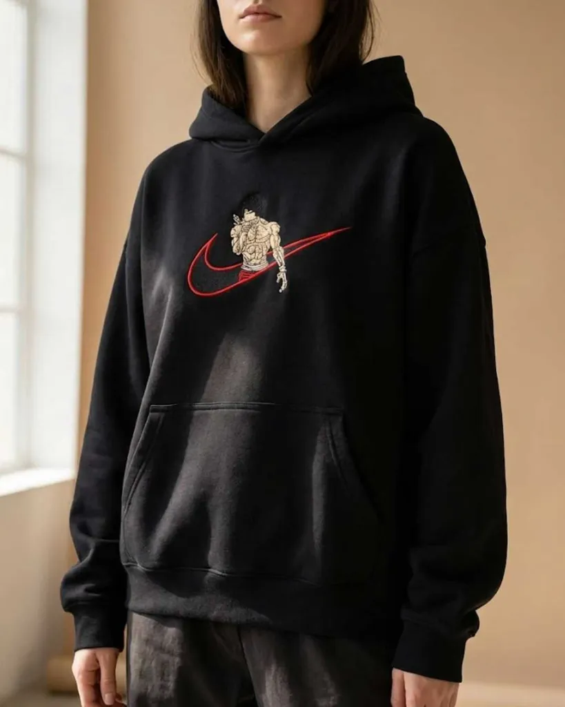 Baki Hanma Anime Custom Embroidered Cotton Oversized  Black Hoodie Women.webp