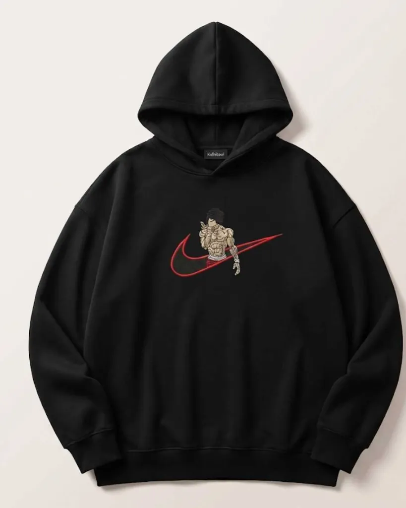 Baki Hanma Anime Custom Embroidered Cotton Oversized Black Hoodie Overview.webp