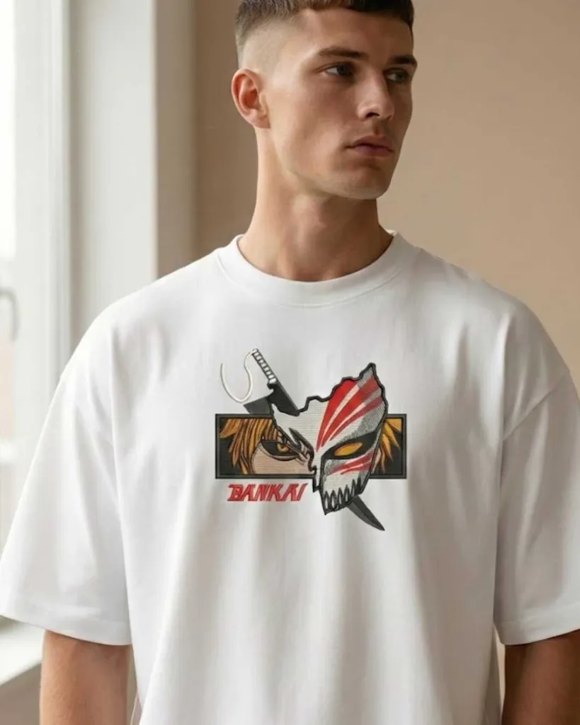 Bankai Anime Custom Embroidered Cotton Oversized  White Tshirt Men.webp