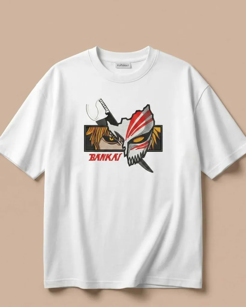 Bankai Anime Custom Embroidered Cotton Oversized  White Tshirt Overview.webp