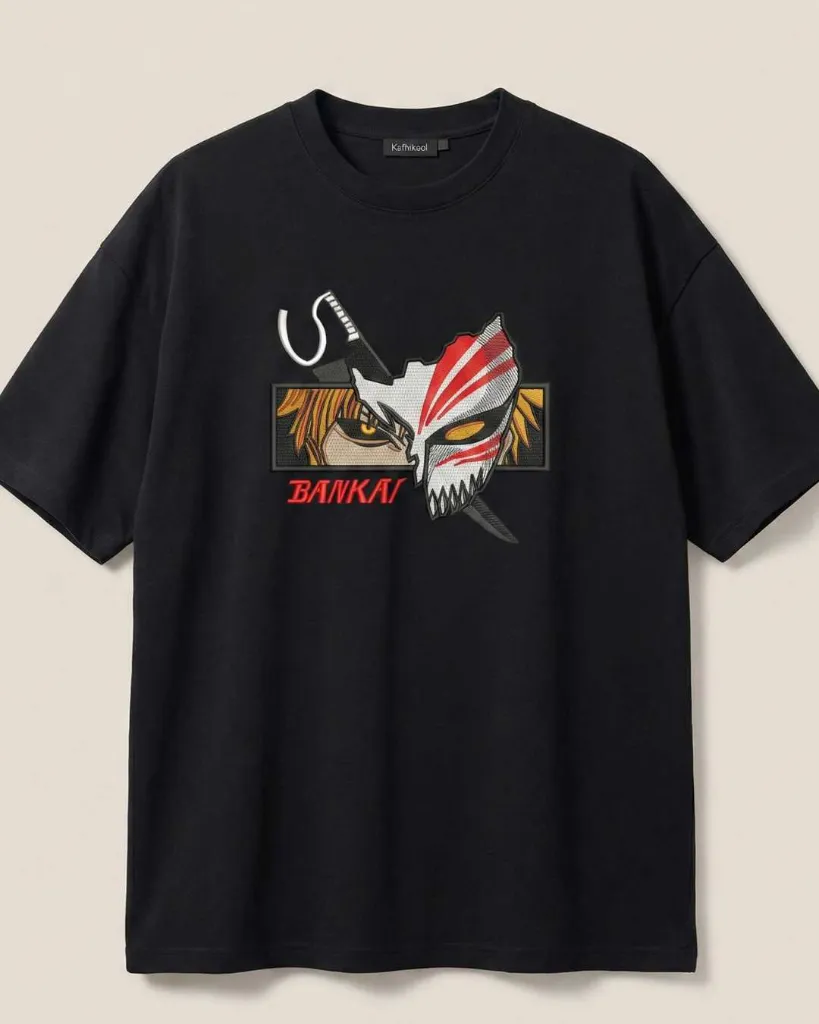 Bankai Anime Custom Embroidered Cotton Oversized  Black Tshirt Overview.webp