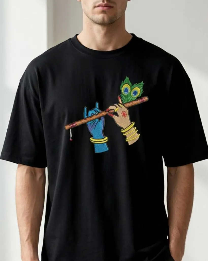 Radha Krishna Divine Custom Embroidered Cotton Oversized Black T-shirt Men.webp