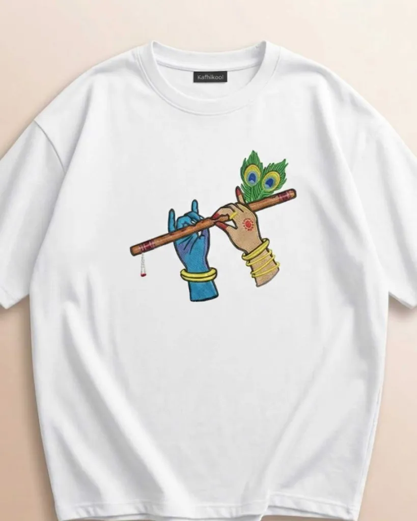 Radha Krishna Divine Custom Embroidered Cotton Oversized White T-shirt Overview.webp