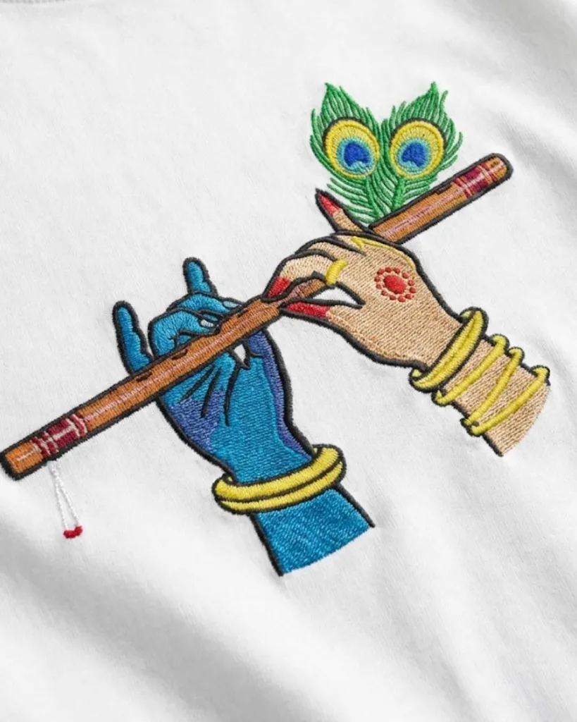 Radha Krishna Divine Custom Embroidered Cotton White - Image detail.webp