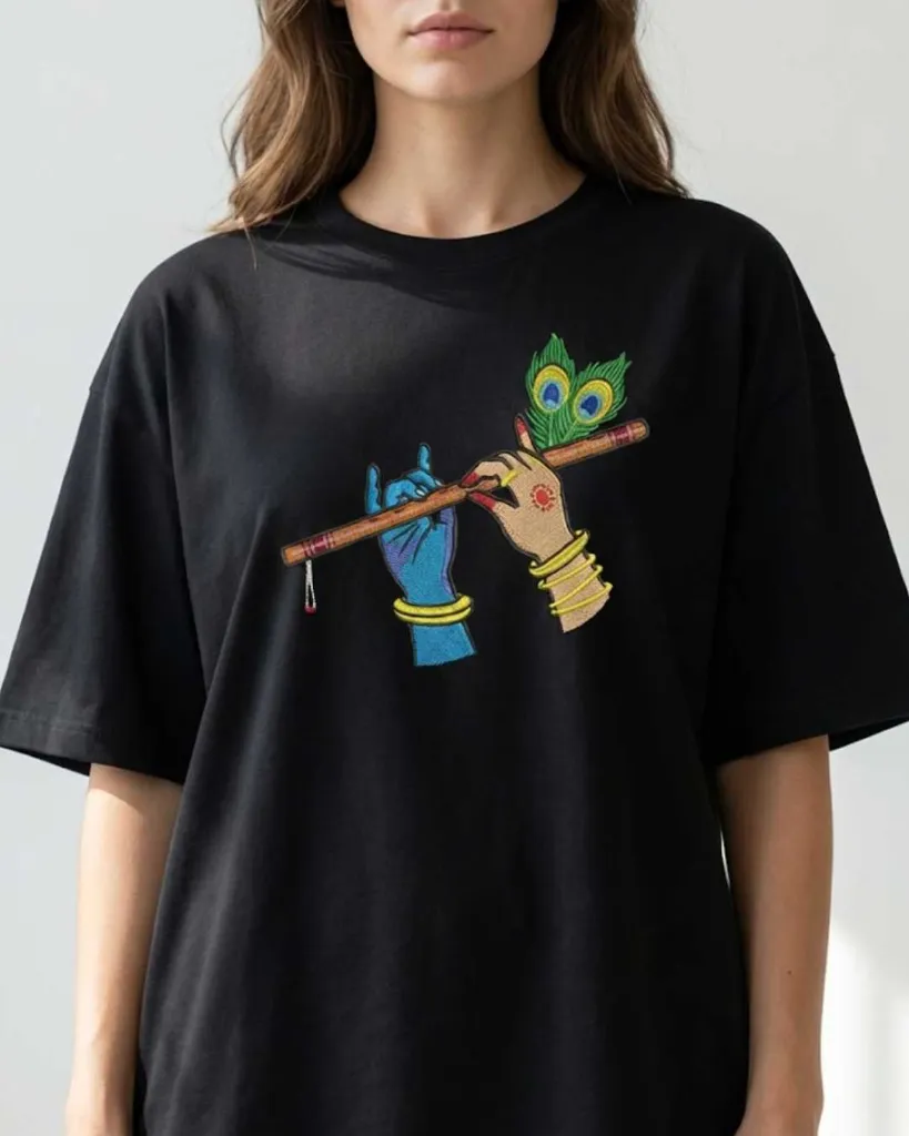 Radha Krishna Divine Custom Embroidered Cotton Oversized Black T-shirt Women.webp