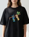 Radha Krishna Divine Custom Embroidered Cotton Oversized Black T-shirt Women.webp