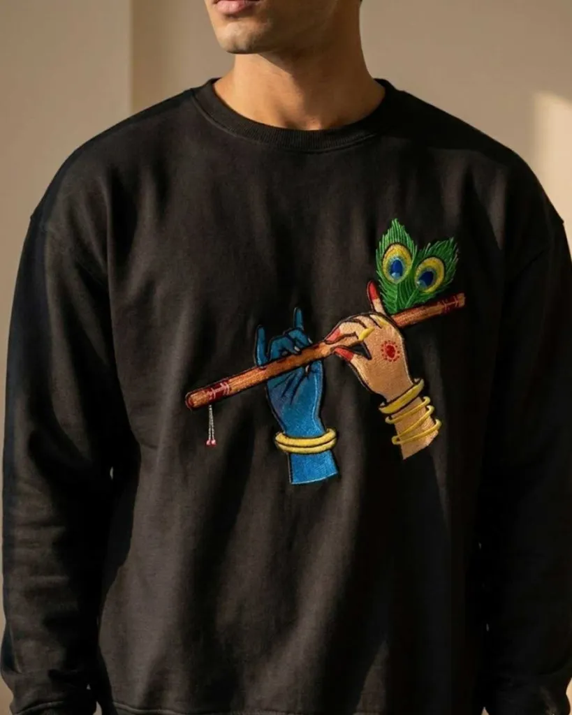 Radha Krishna Divine Custom Embroidered Cotton Oversized Black Sweatshirt Men.webp