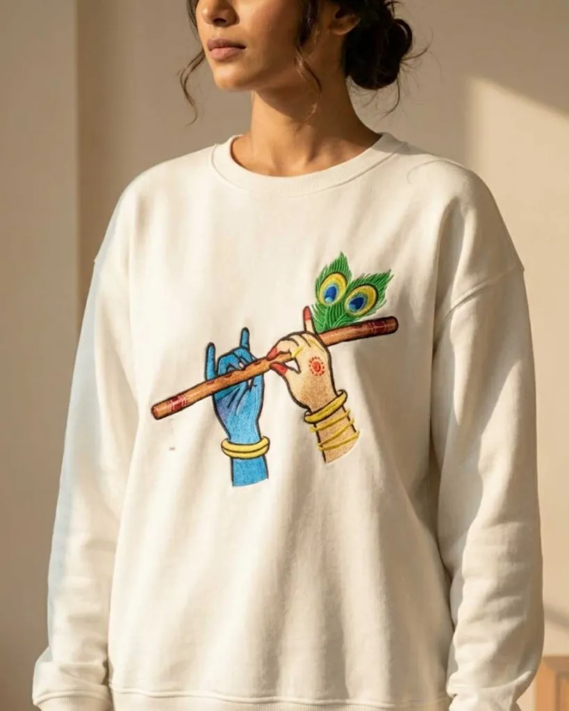 Radha Krishna Divine Custom Embroidered Cotton Oversized White Sweatshirt Women.webp