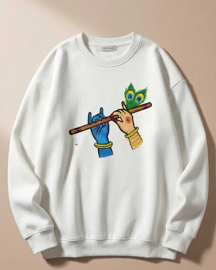 Radha Krishna Divine Custom Embroidered Cotton Oversized White Sweatshirt Overview.webp