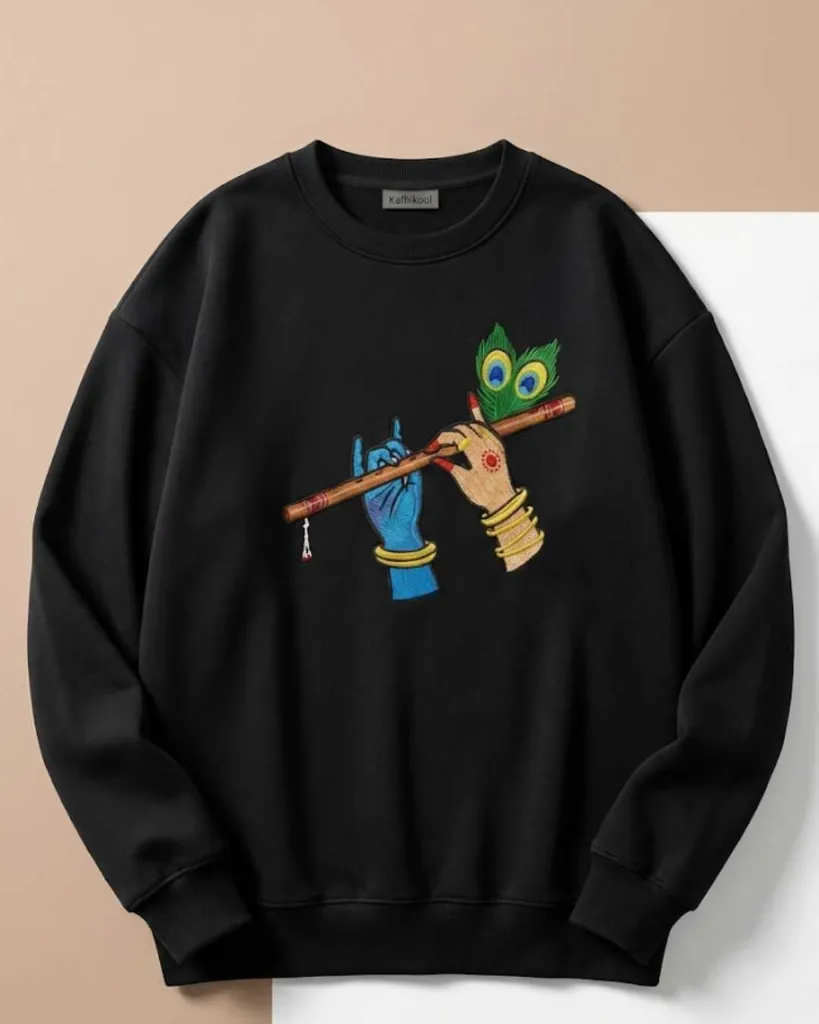 Radha Krishna Divine Custom Embroidered Cotton Oversized Black Sweatshirt Overview.webp