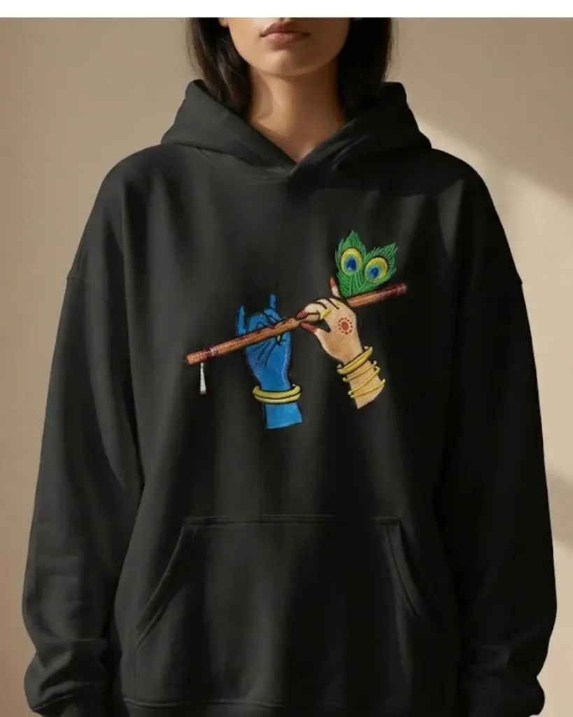 Radha Krishna Divine Custom Embroidered Cotton Oversized Black Hoodie Women.webp