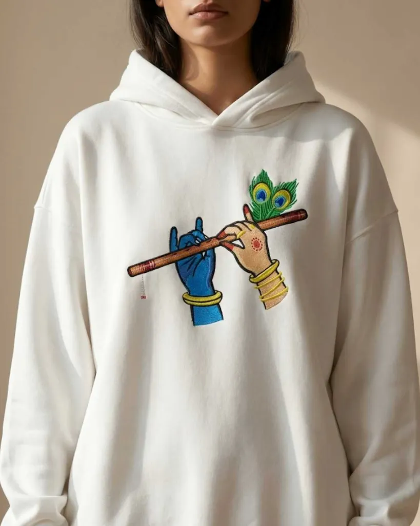 Radha Krishna Divine Custom Embroidered Cotton Oversized White Hoodie Women.webp