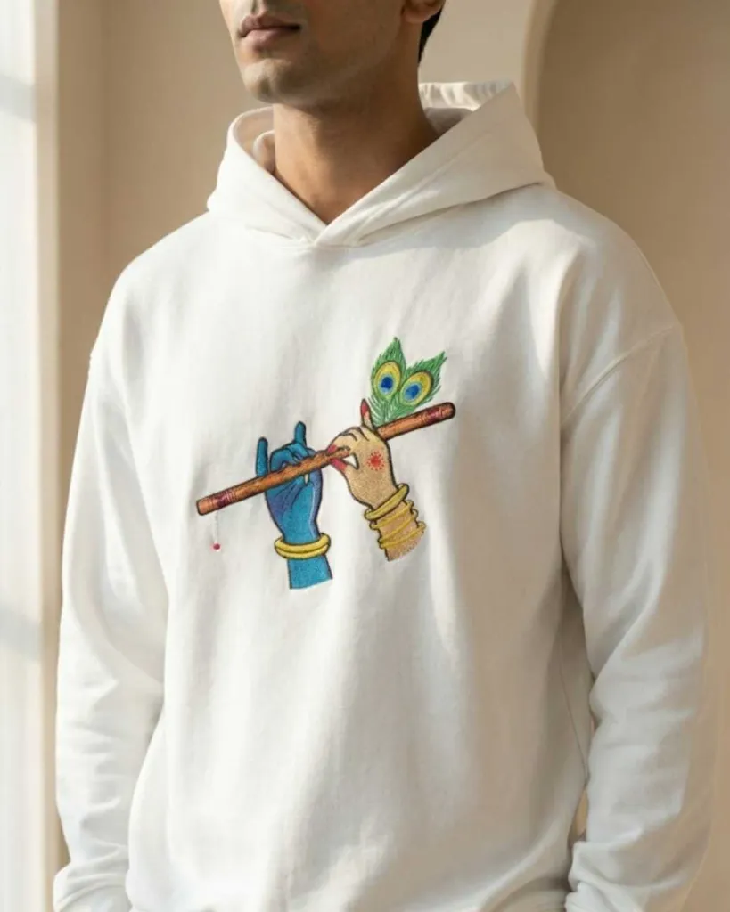 Radha Krishna Divine Custom Embroidered Cotton Oversized White Hoodie Men.webp