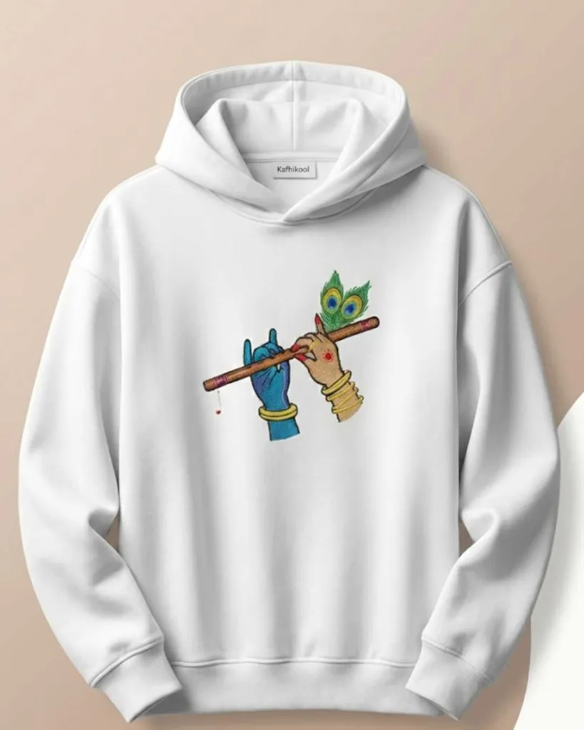 Radha Krishna Divine Custom Embroidered Cotton Oversized White Hoodie Overview.webp