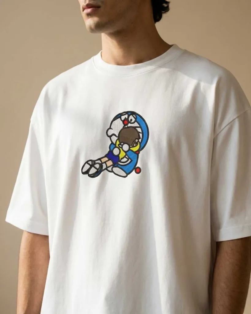 Nostalgic Doraemon Best Friends Cartoon Custom Embroidered Cotton Oversized White T-shirt Men.webp