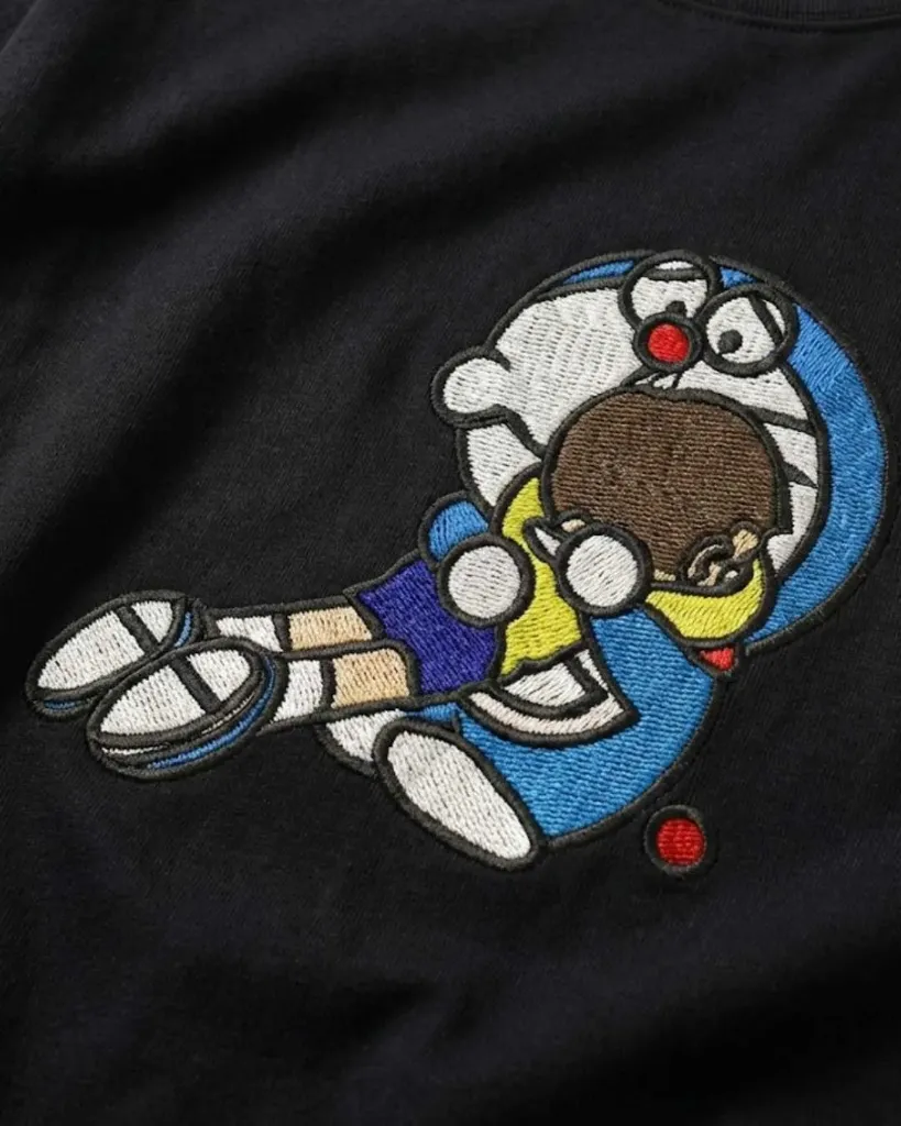 Nostalgic Doraemon Best Friends Cartoon Custom Embroidered Cotton Black - Image detail.webp
