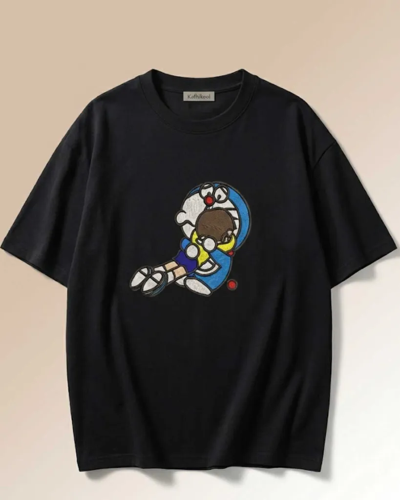 Nostalgic Doraemon Best Friends Cartoon Custom Embroidered Cotton Oversized Black T-shirt Overview.webp