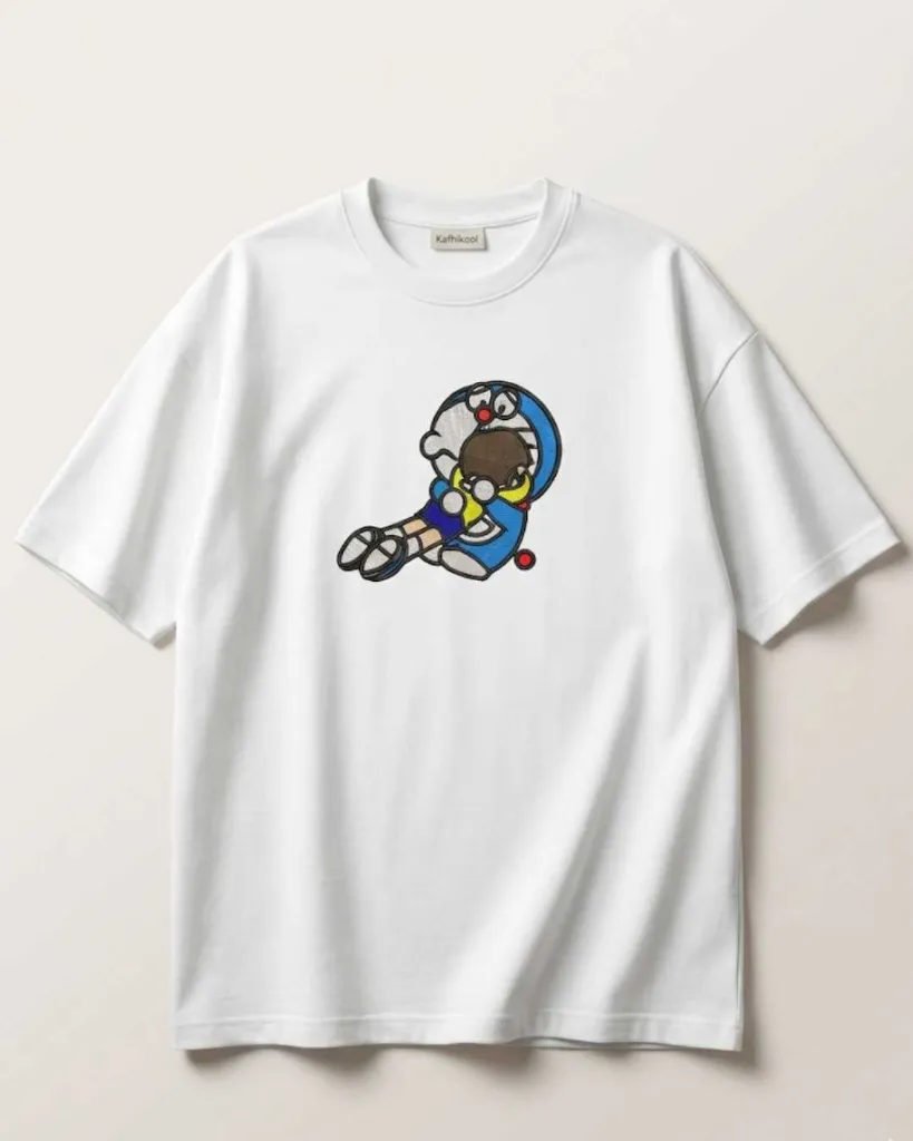 Nostalgic Doraemon Best Friends Cartoon Custom Embroidered Cotton Oversized White T-shirt Overview.webp