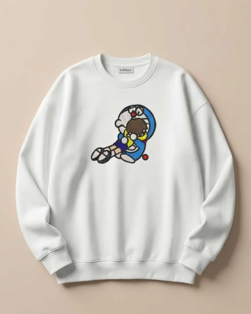 Nostalgic Doraemon Best Friends Cartoon Custom Embroidered Cotton Oversized White Sweatshirt Overview.webp
