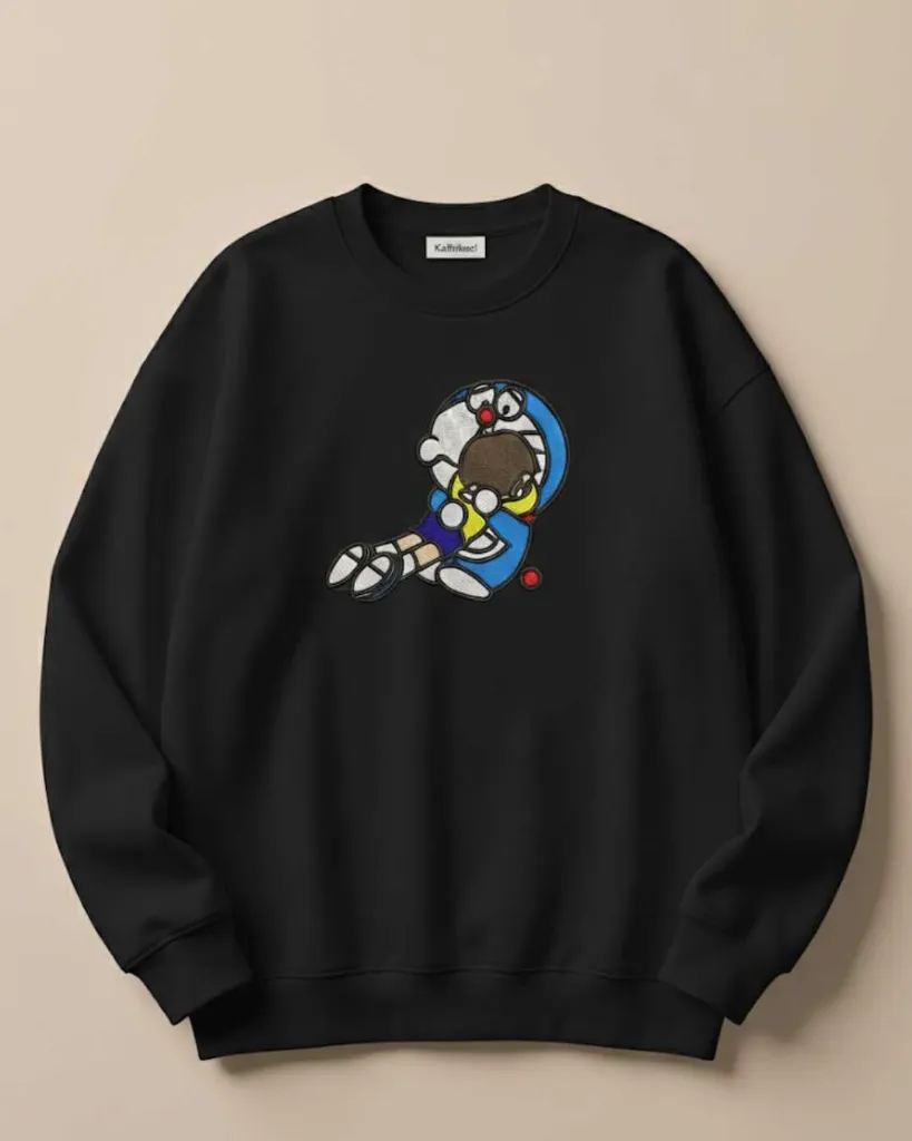 Nostalgic Doraemon Best Friends Cartoon Custom Embroidered Cotton Oversized Black Sweatshirt Overview.webp