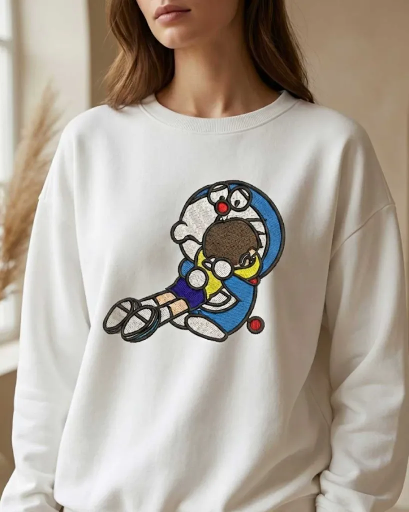 Nostalgic Doraemon Best Friends Cartoon Custom Embroidered Cotton Oversized White Sweatshirt Women.webp