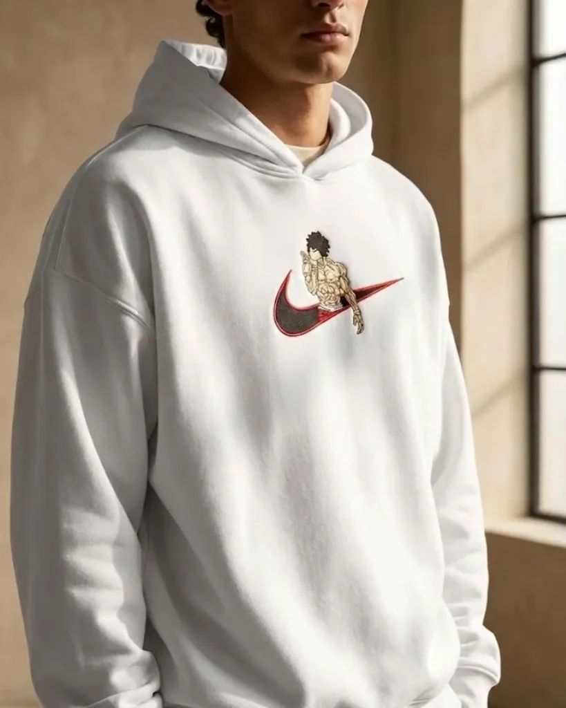 Baki Hanma Anime Custom Embroidered Cotton Oversized  White Hoodie Men.webp